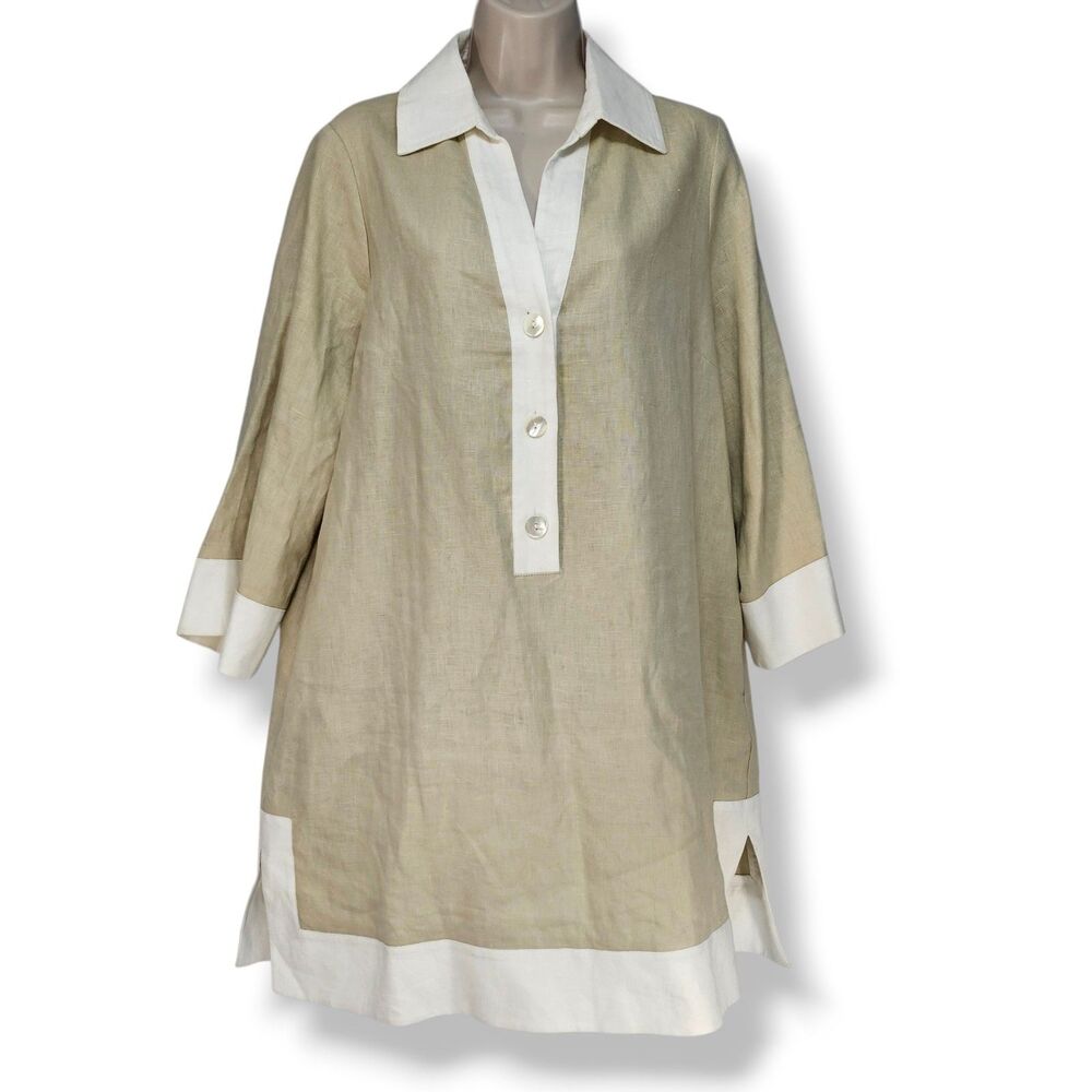 Tuckernuck Champagne Linen Contrast Trim Collier Tunic Mini Shift Dress Large